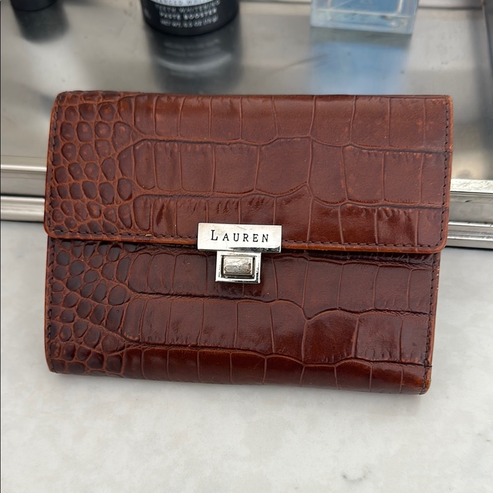 Brown Leather Crocodile Embossed Wallet with Silver Clasp